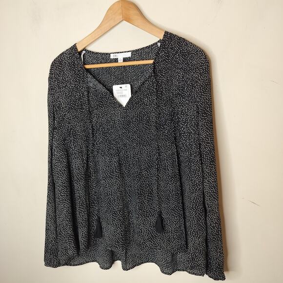 DR2 Tasseled Blouse Top Black White Dotted Pleated NWT - Picture 2 of 8